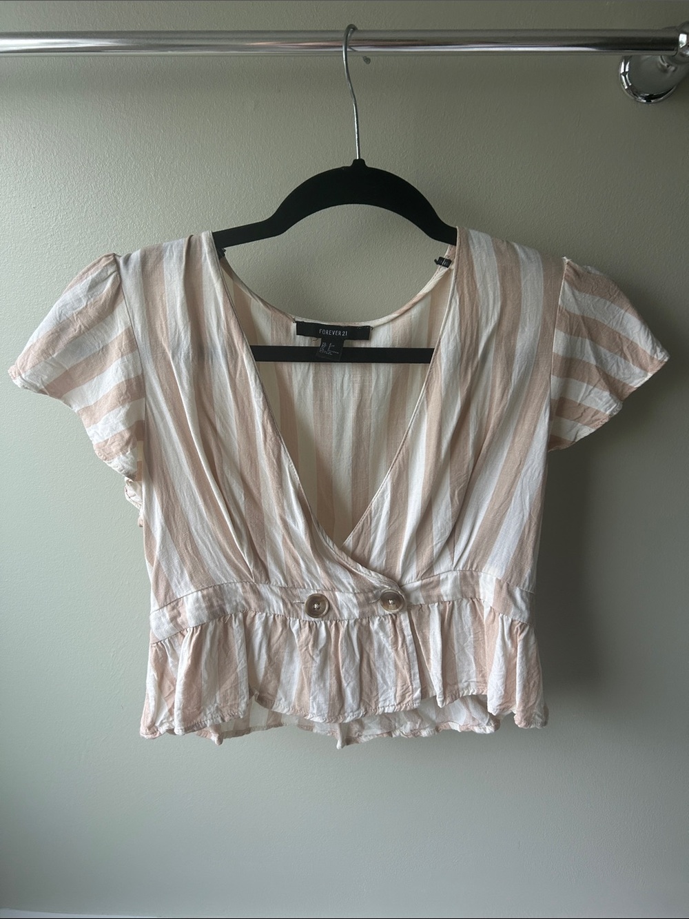 Forever 21 Blush and White Striped V-Neck Peplum Top